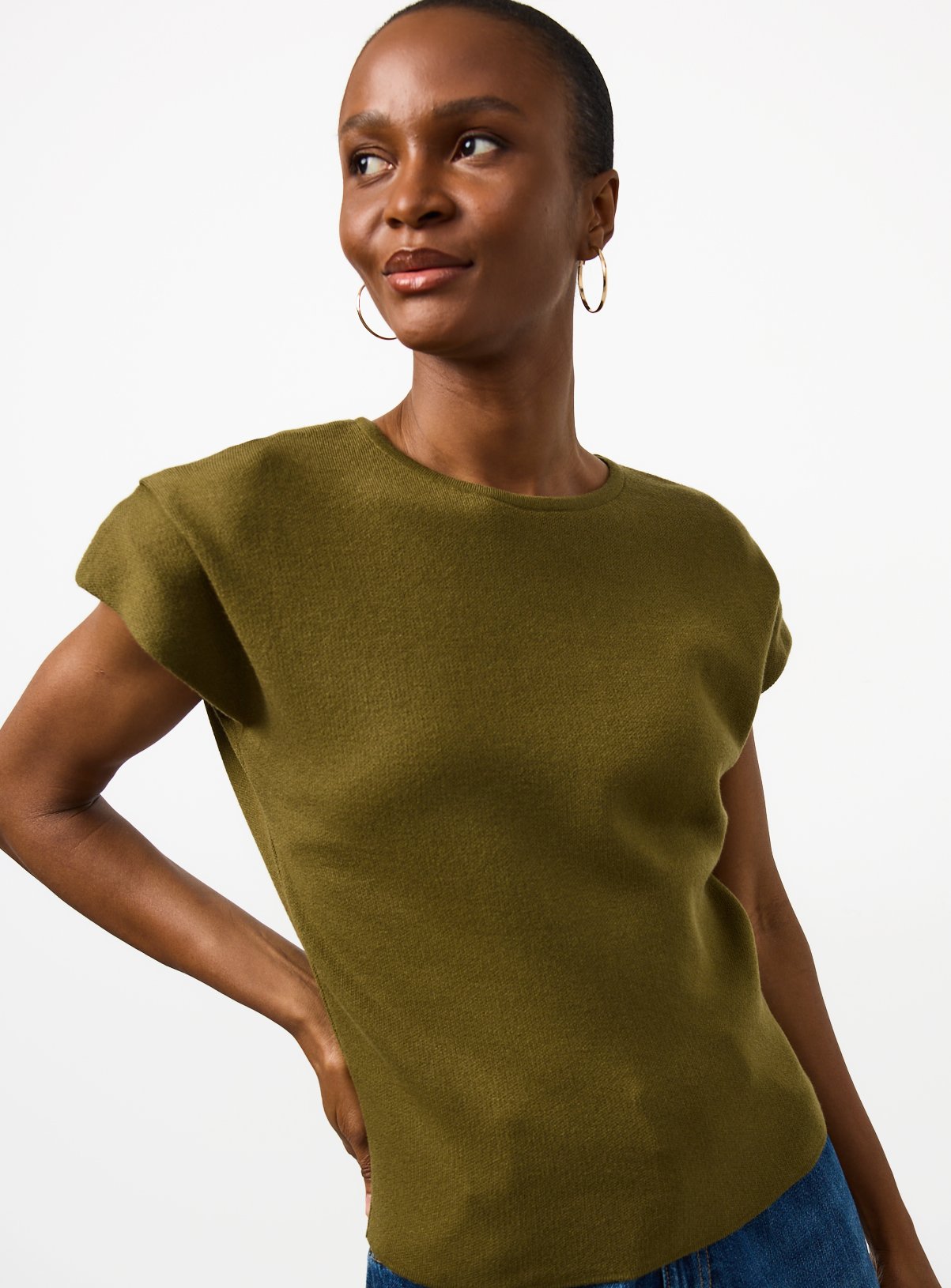 Khaki Shoulder Pad Detail Knitted Top XS
