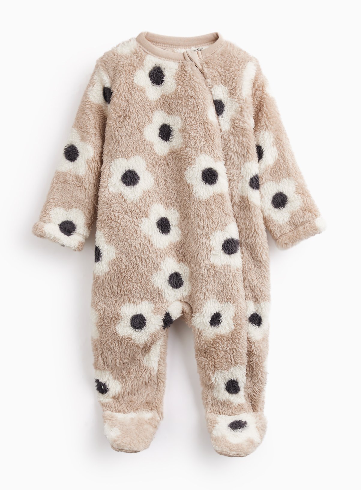 Neutral Fluffy Flower Pattern Fleece Zip Sleepsuit 