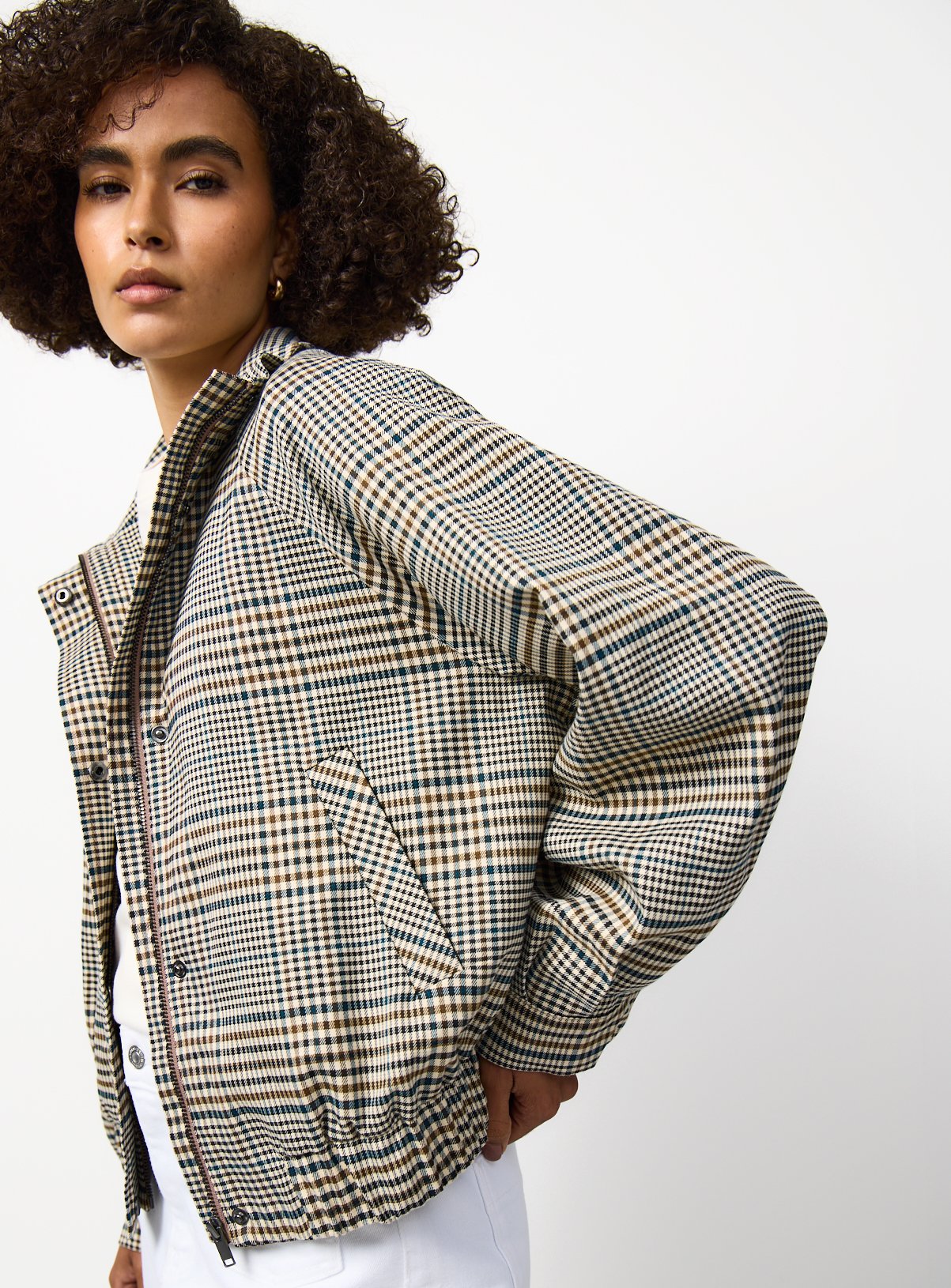 Neutral Check Print Funnel Neckline Bomber Jacket 