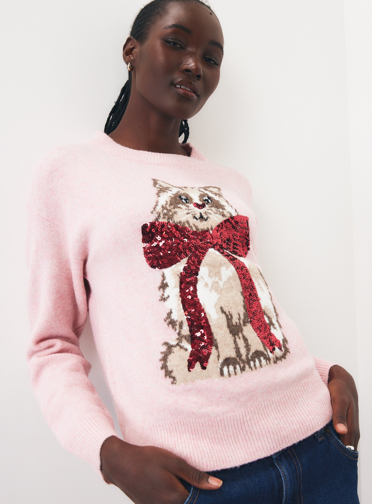 Sequin Bow Cat Christmas Jumper 