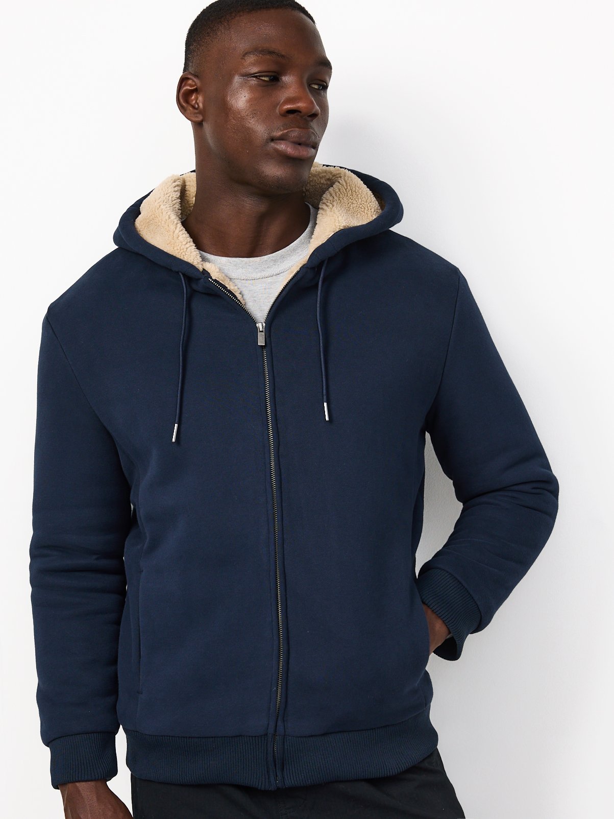 Navy Cotton Rich Borg Lined Zip Through Hoodie 