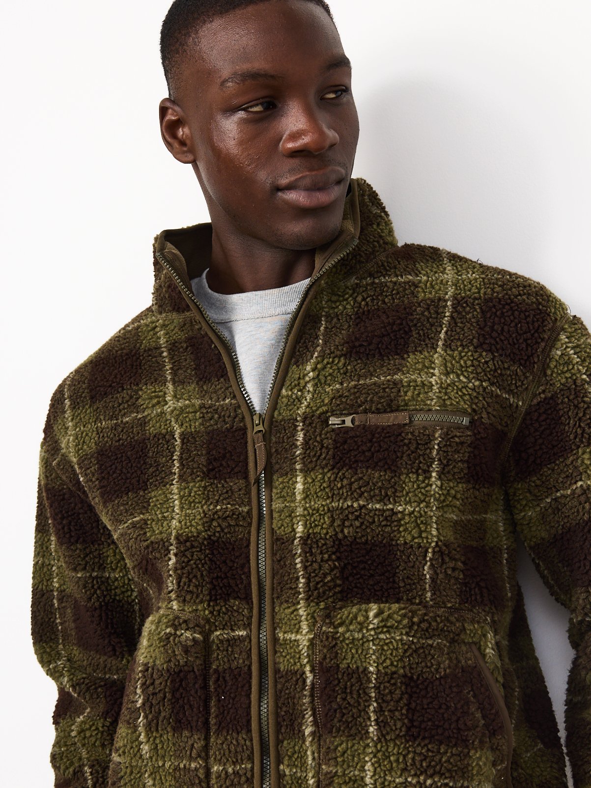 Green Check Borg Zip Through Fleece Jacket 