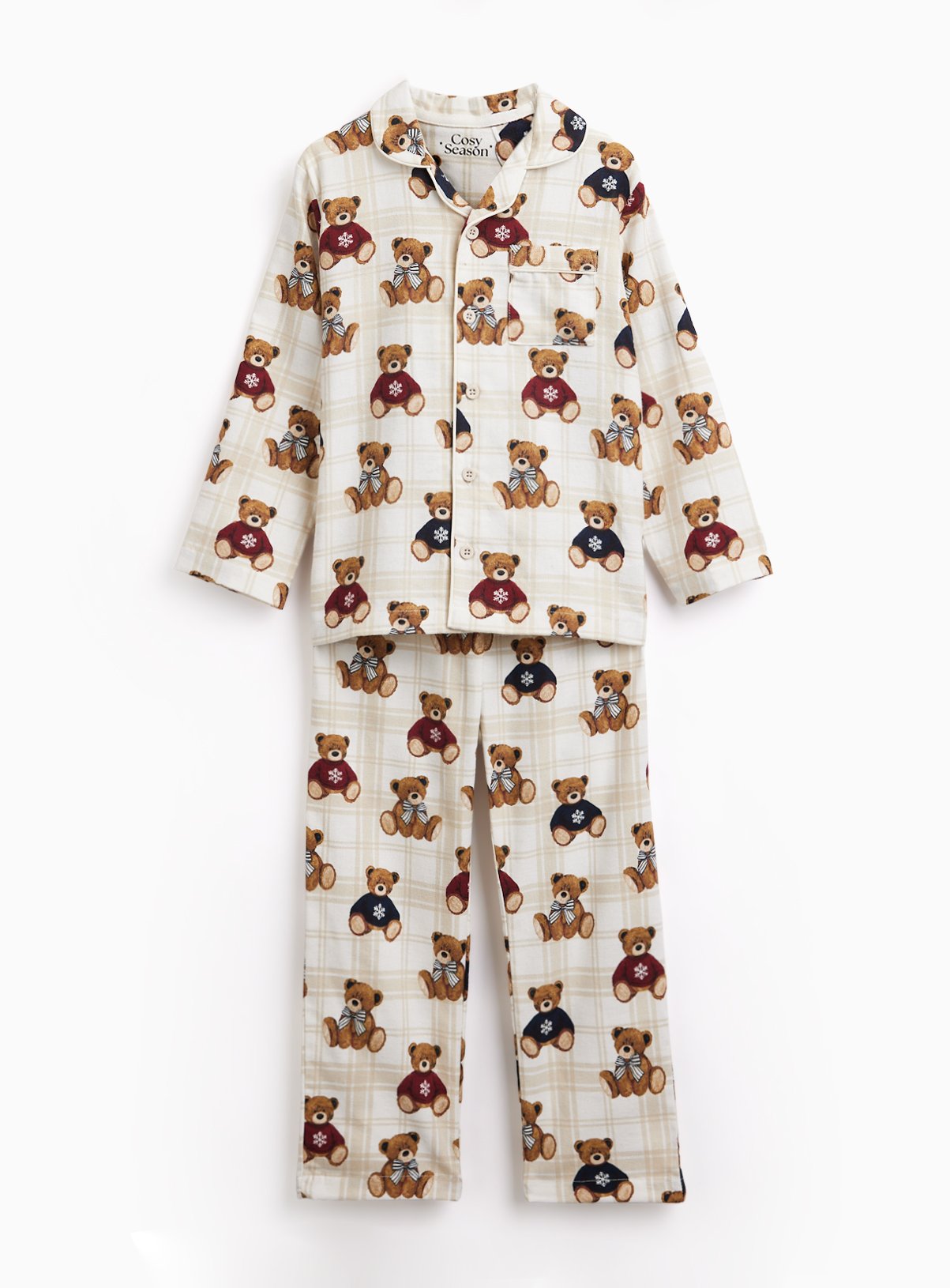 Cream Bear Print Pyjama Top & Bottoms Set 
