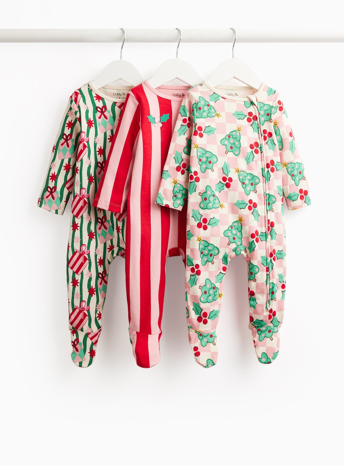 Christmas-Themed Red, Green & White Sleepsuits 3-Pack 
