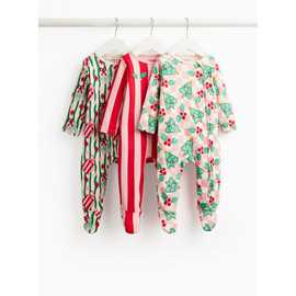 Christmas-Themed Red, Green & White Sleepsuits 3-Pack