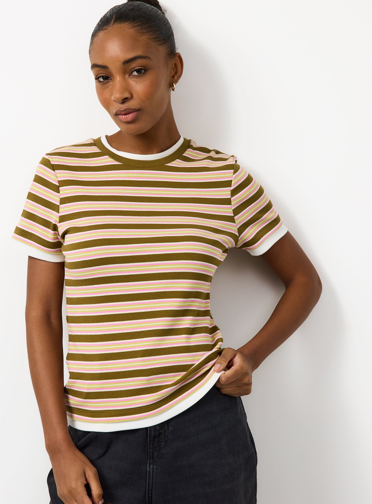 Green Striped Mock Layer Short Sleeve Top 22