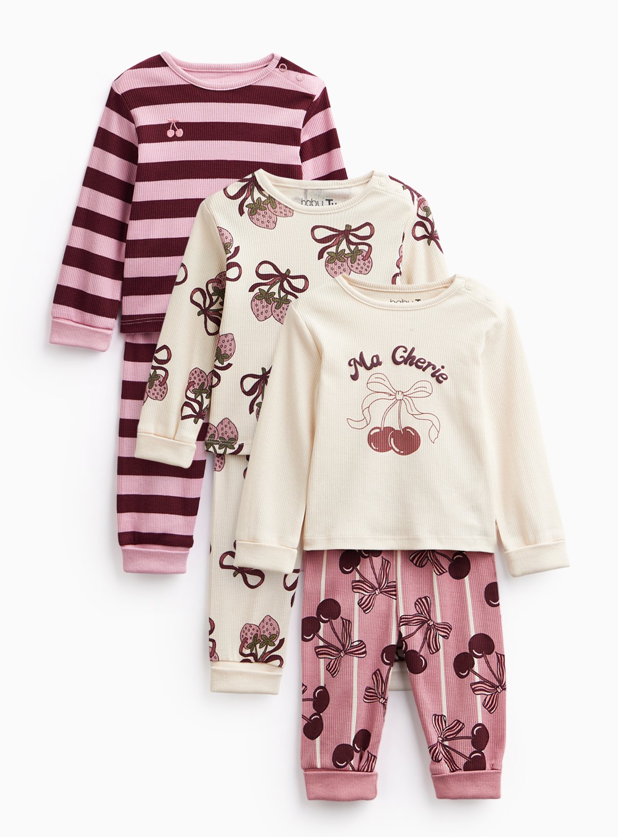 Cherries Ribbed Grow with Me Pyjamas 3 Pack Up to 3 mths