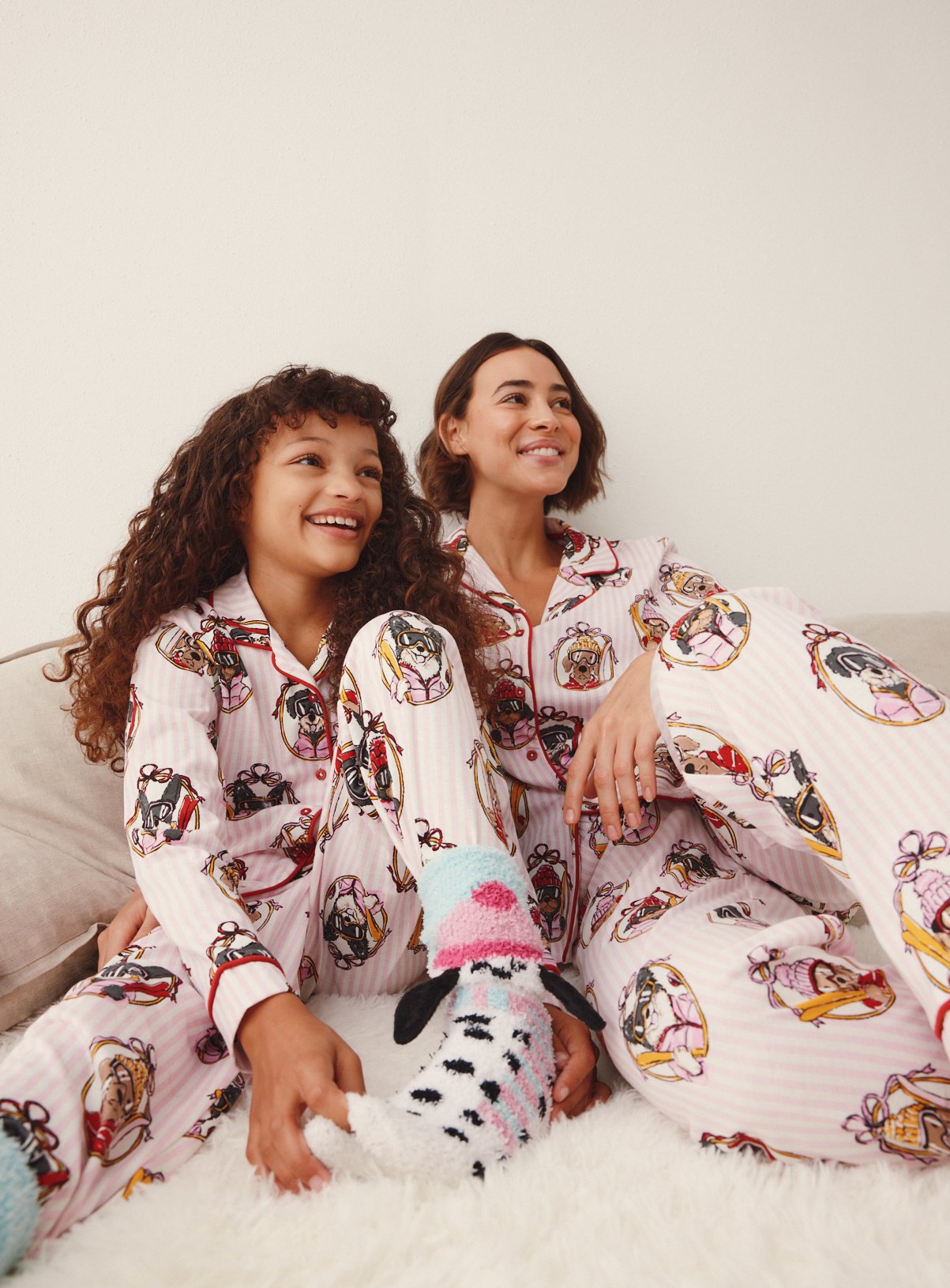 Family Matching Christmas White Striped Dog Print Traditional Pyjamas 