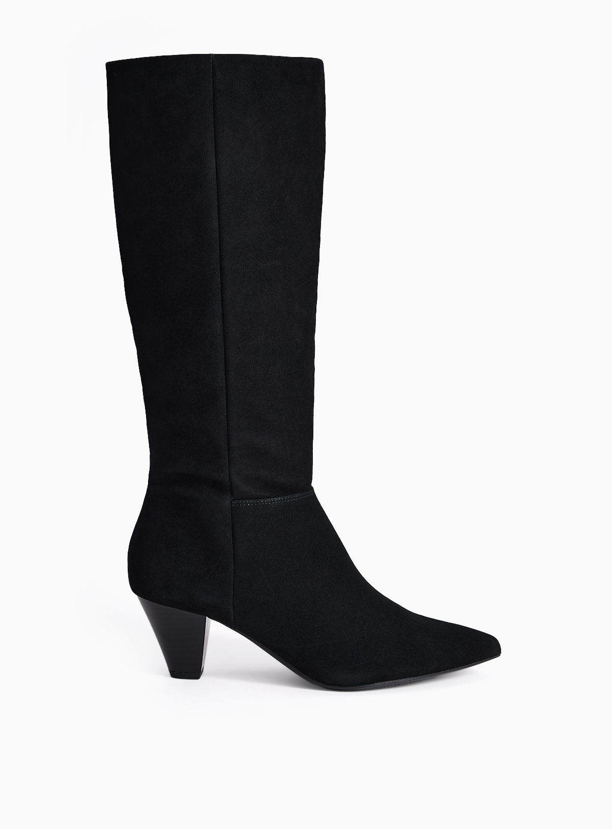 Black Faux Suede Cone Heel Long Boots 