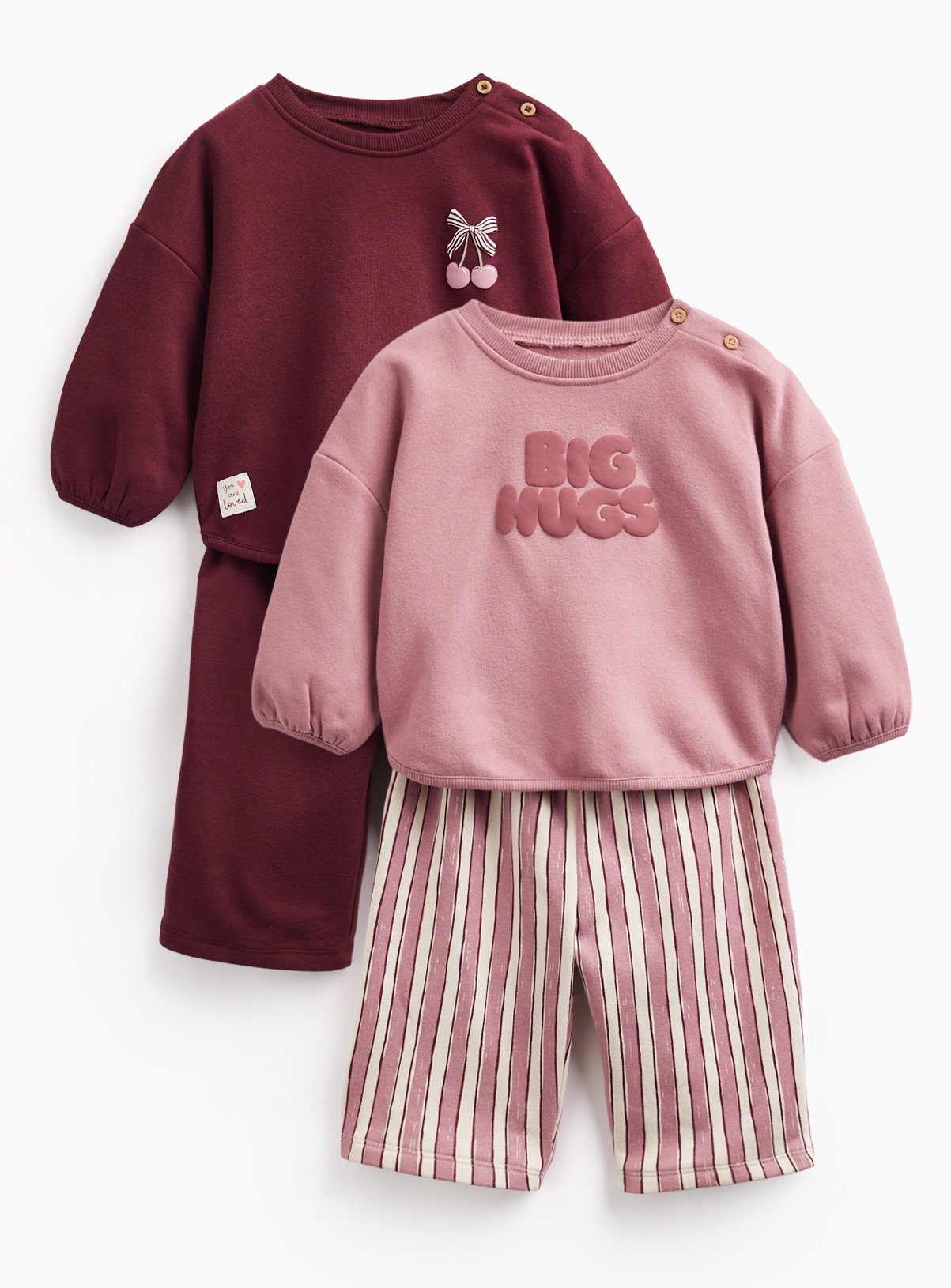 Pink Big Hugs and Cherry with Bow Motif Sweat Sets 4-Piece 18-24 months