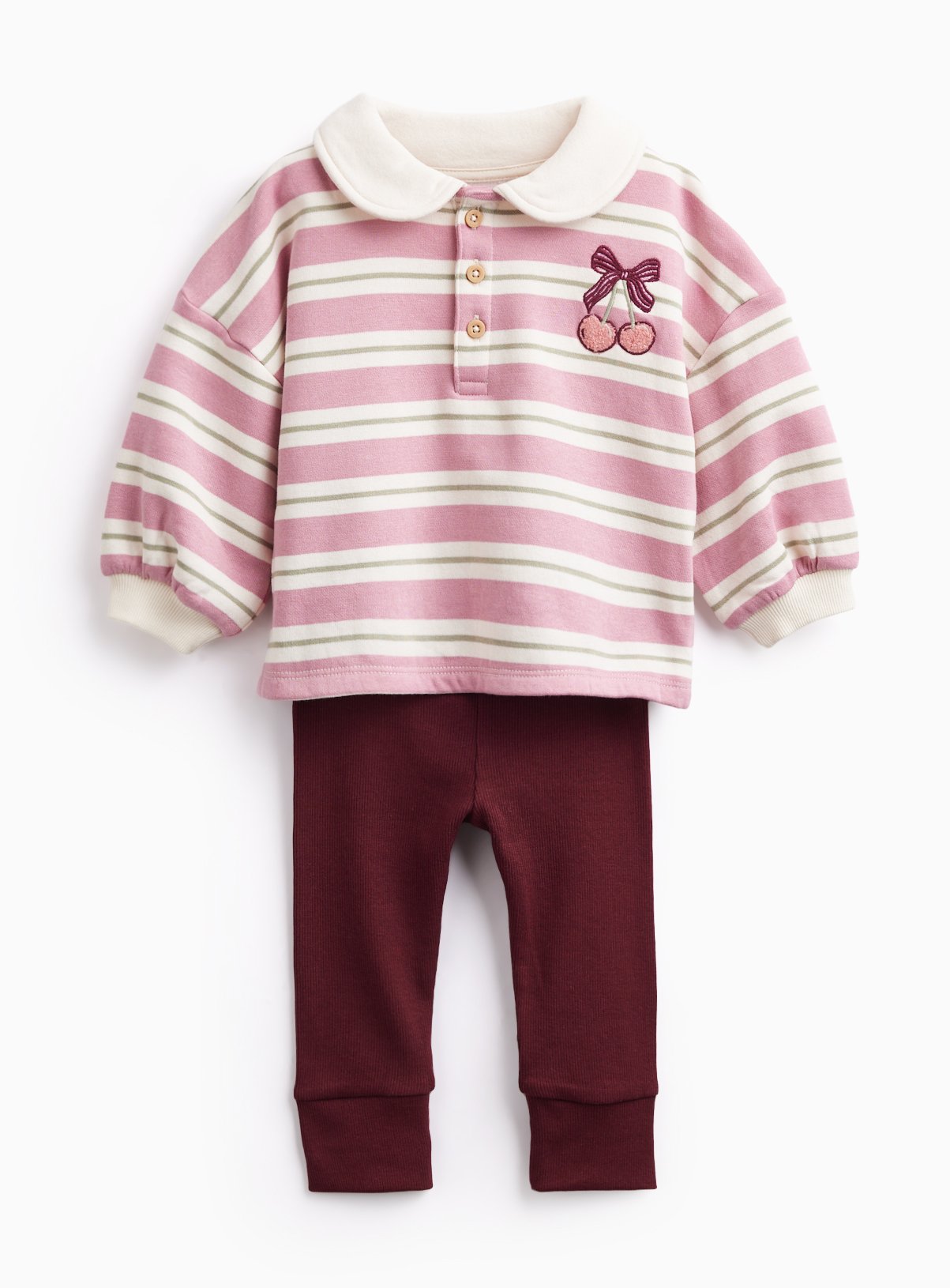 Pink Cherry & Bow Motif Striped Polo & Legging Set 