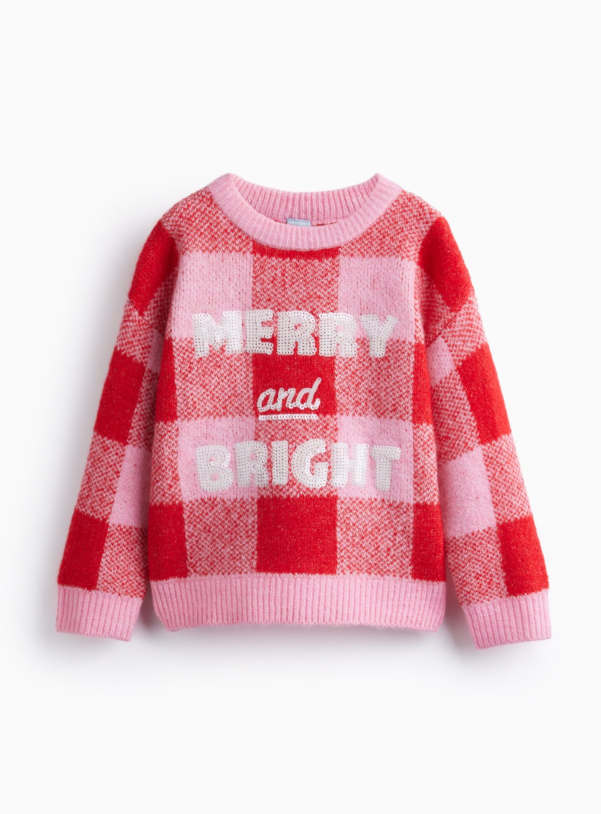 Pink & Red Check Merry & Bright Sequin Christmas Sweater 