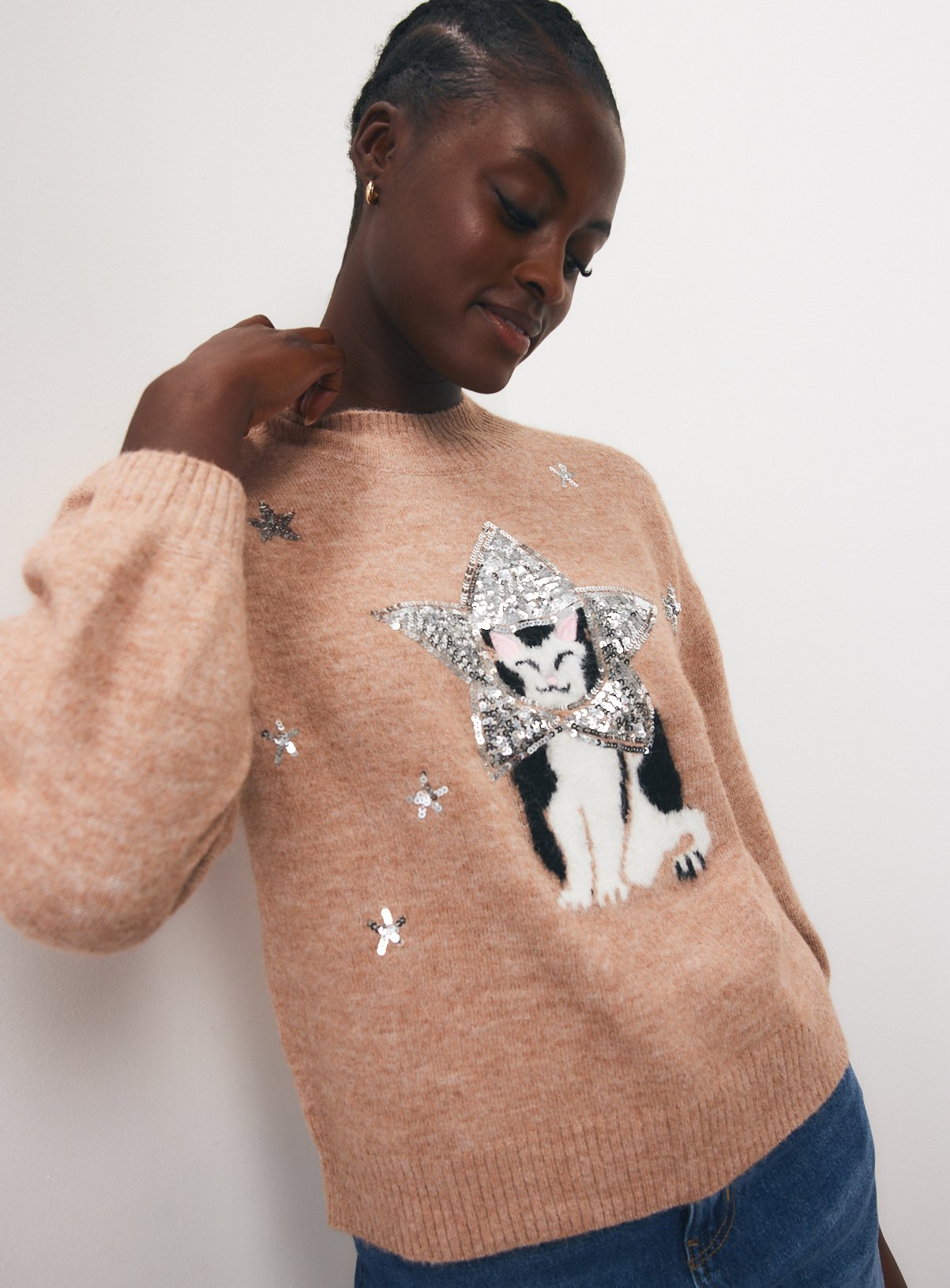 Oatmeal Sequin Star Cat Jumper 