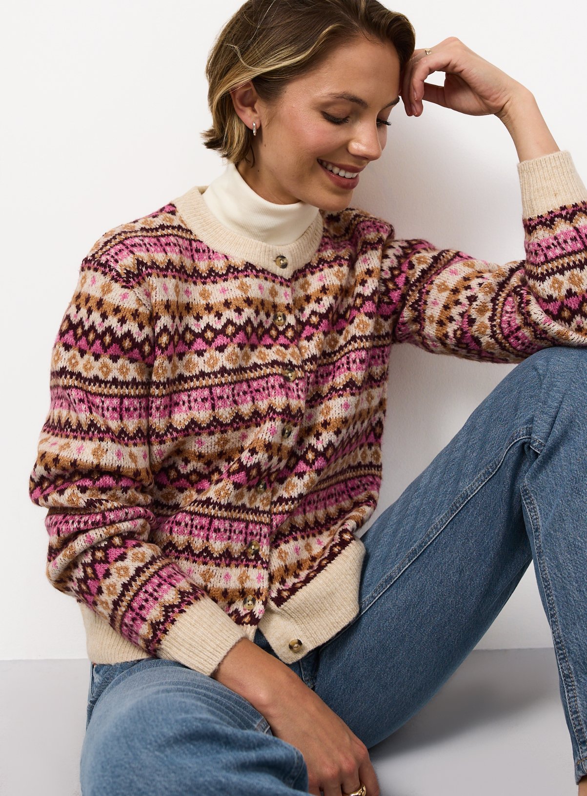 Multi-Coloured Fairisle-Style Crewneck Cardigan 