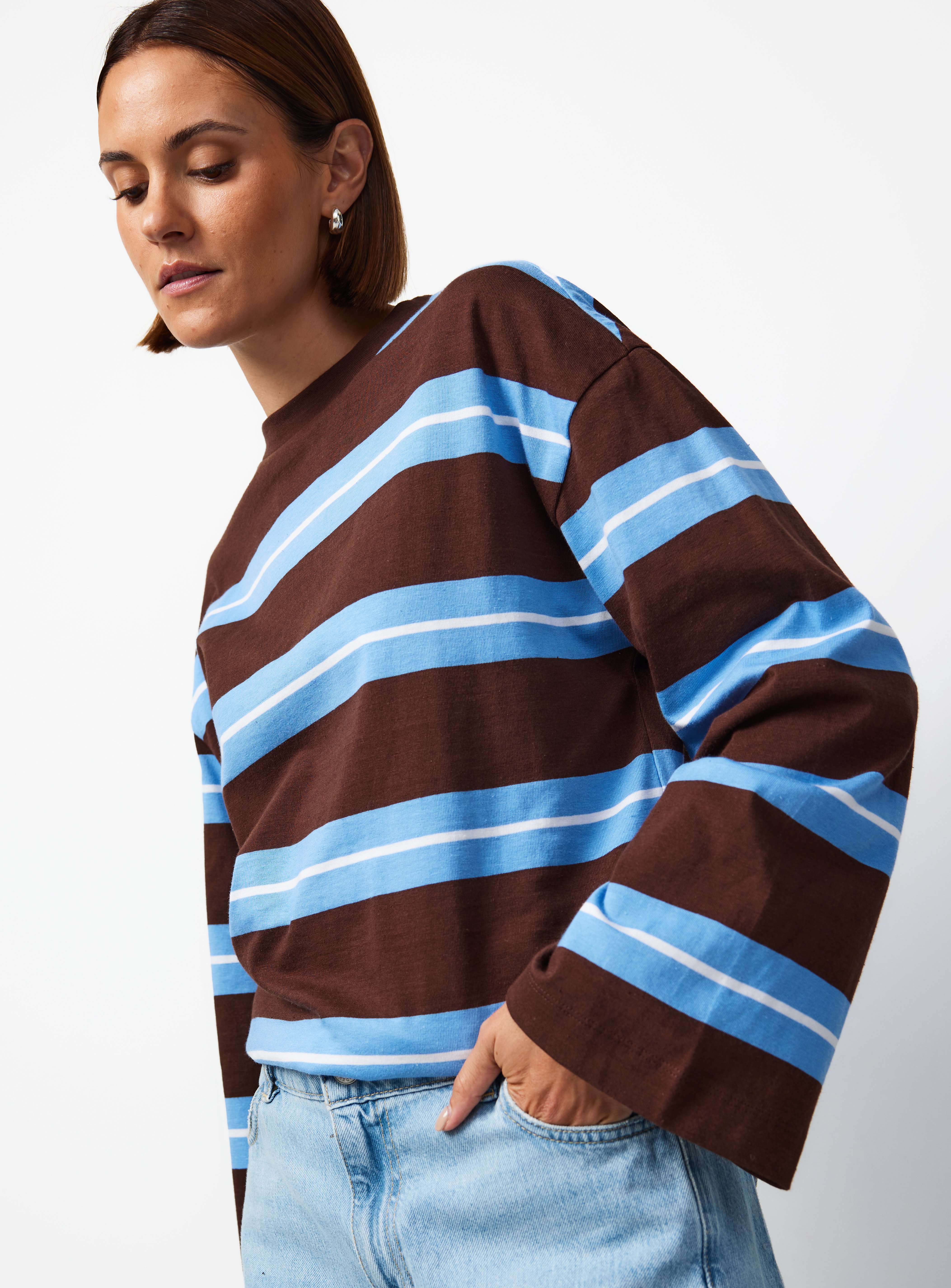 Stripe Print Oversized Fit Long Sleeve T-Shirt 