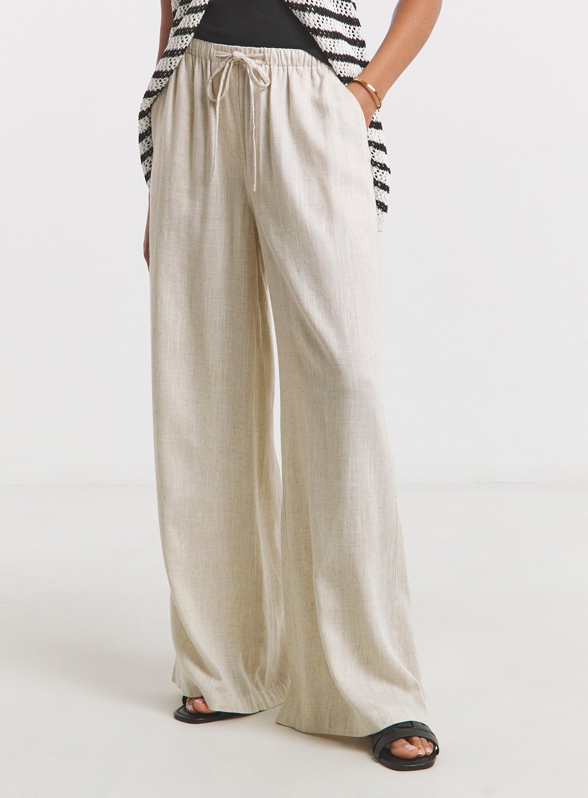 SIMPLY BE Tie Waist Linen Wide Leg Trousers Natural 