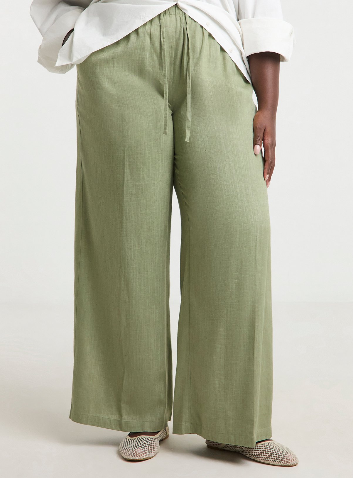 SIMPLY BE Tie Waist Linen Wide Leg Trousers Khaki 