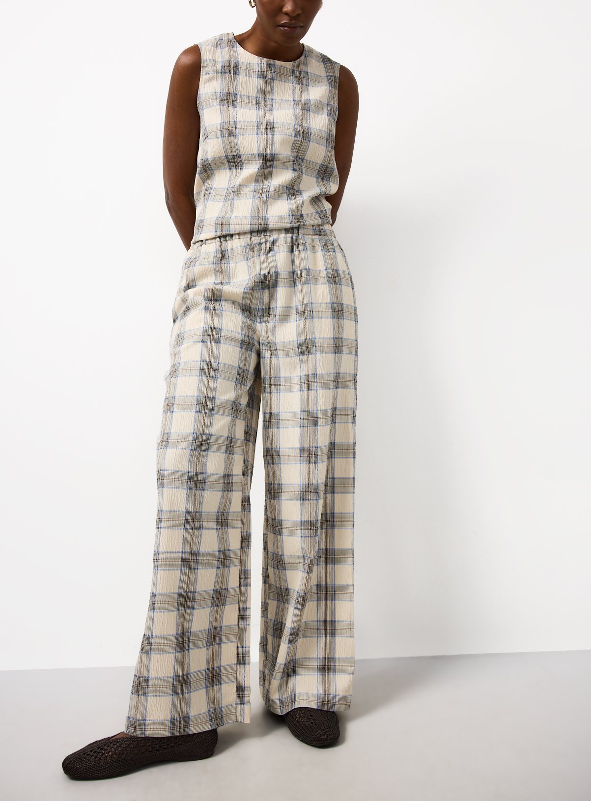 Cream Check Print Wide Leg Co-ord Trousers 