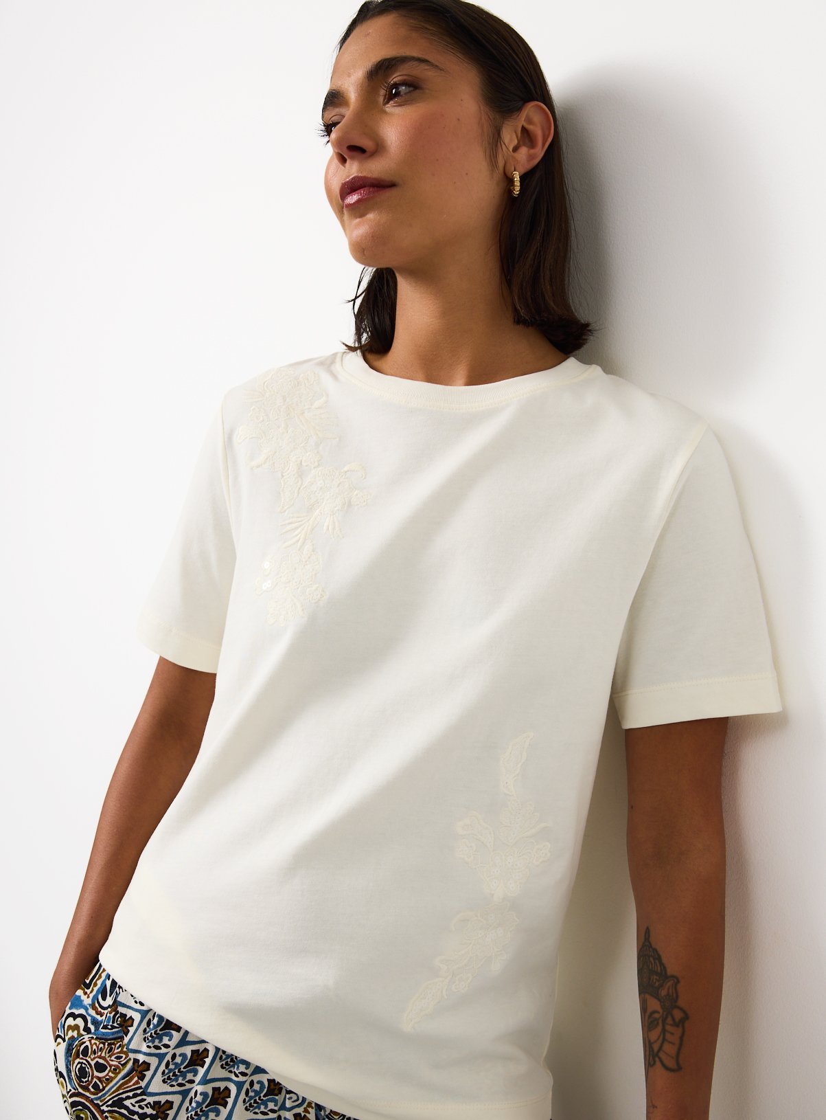 Cream Floral Embroidered Regular Fit T-Shirt 