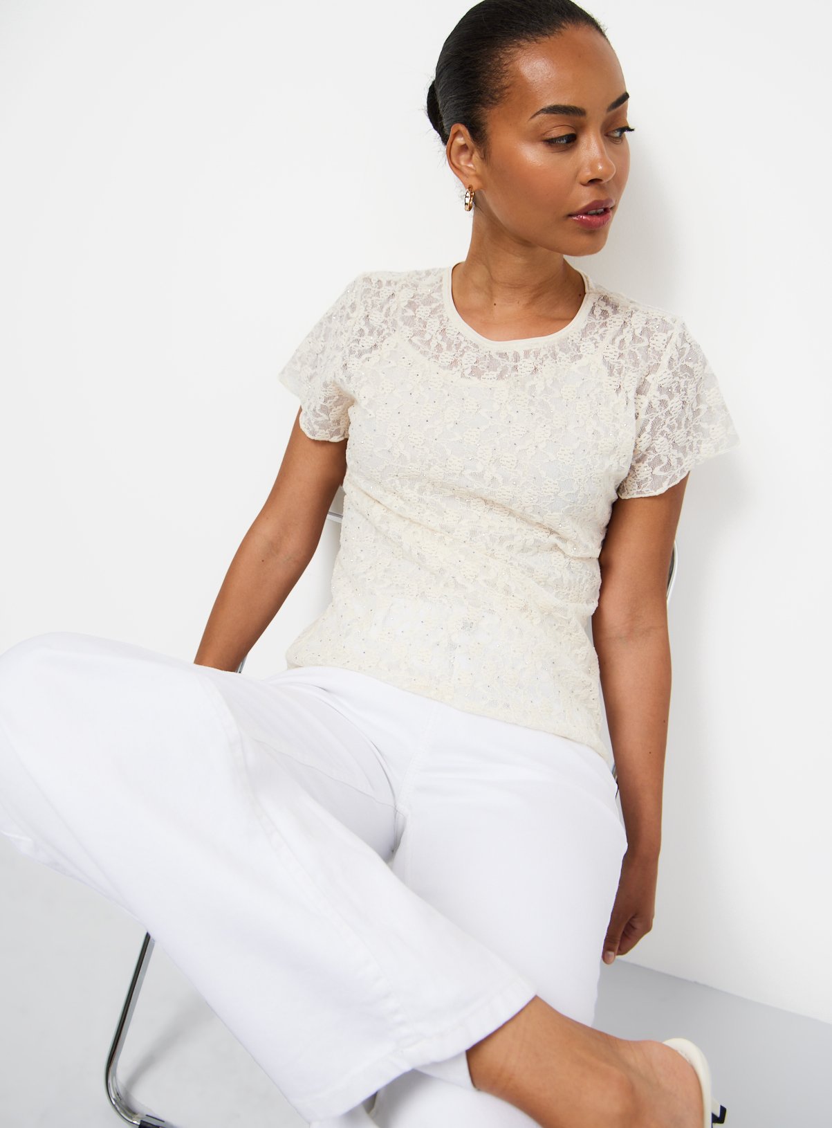 White Embellished Detail Lace Top 