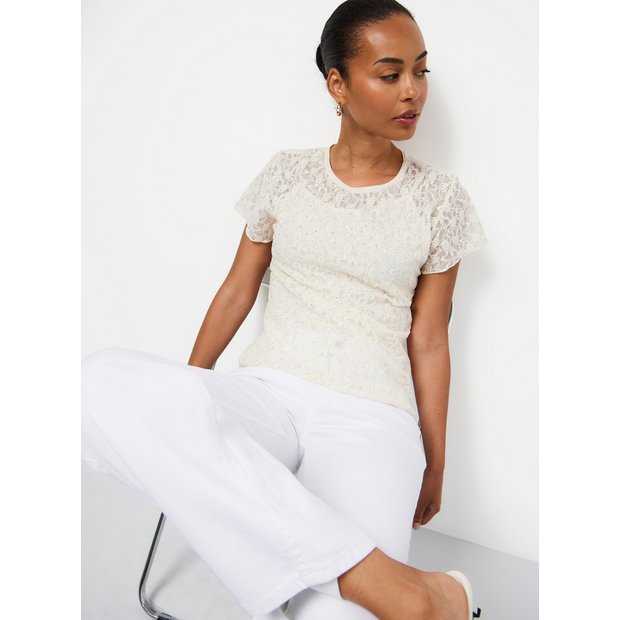 Buy Cream Lace Hotfix Embellished Top 24 | Tops | Argos