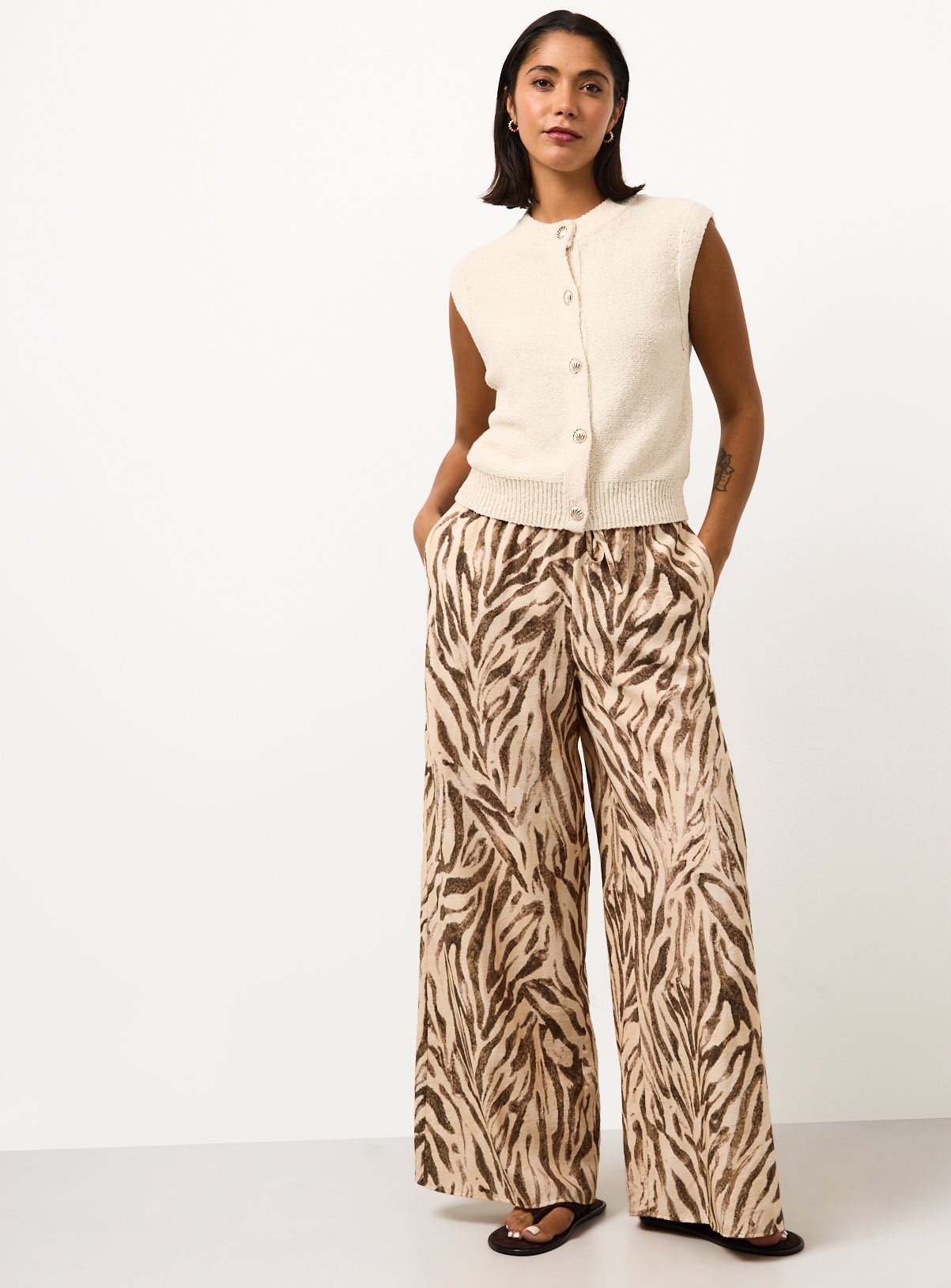 Beige Zebra Print Wide Leg Trousers 