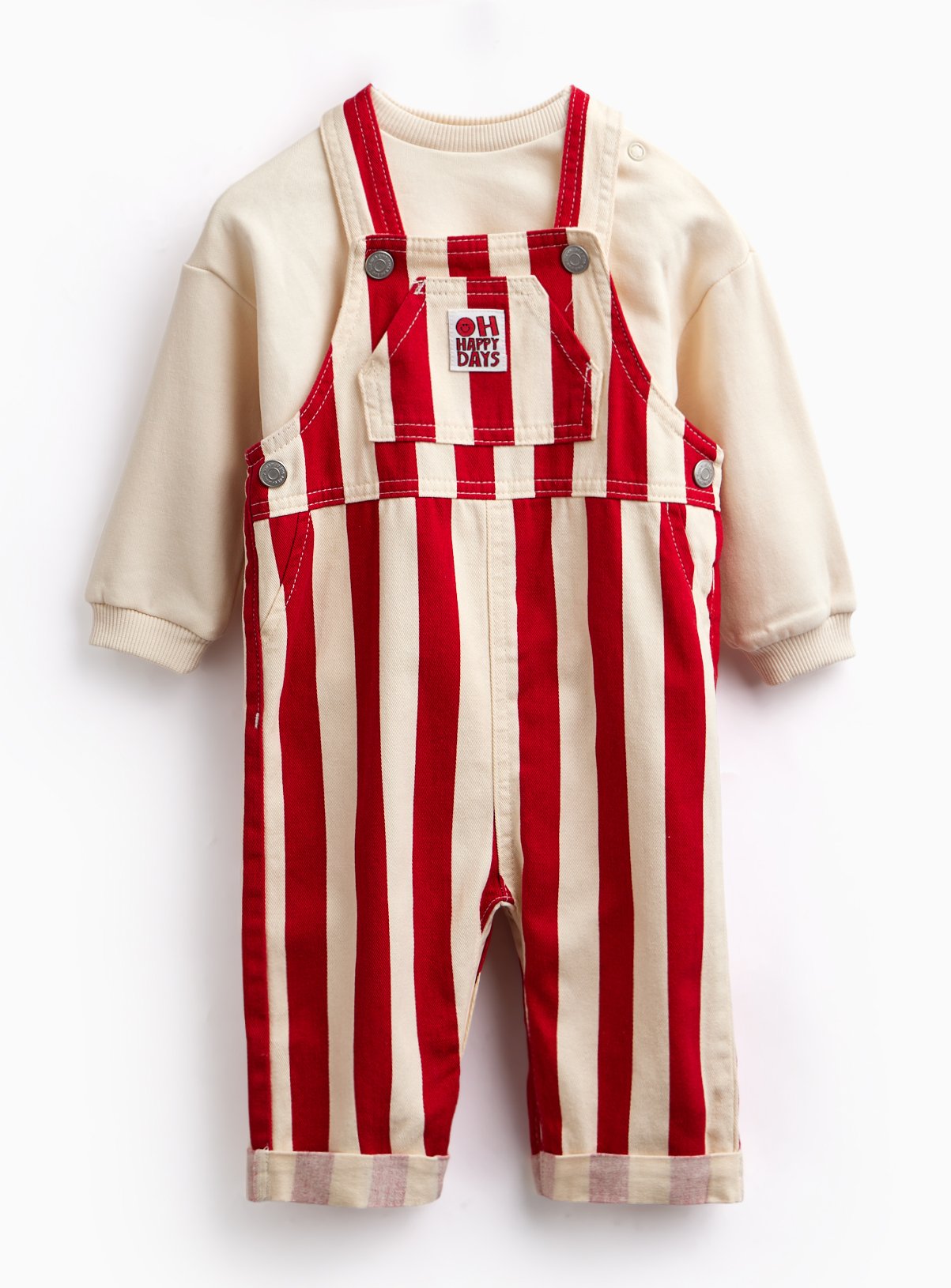 Red & Cream Stripe Oh Happy Days Dungarees & Bodysuit Set 