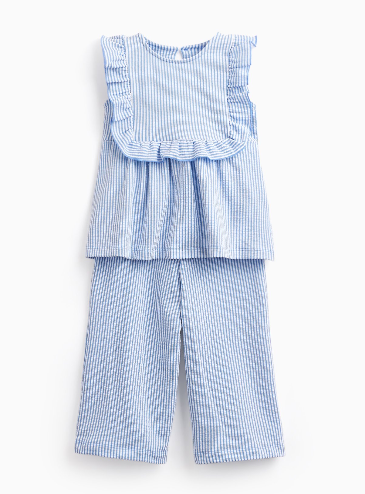 Blue Textured Frill Detail Top & Trousers Set 