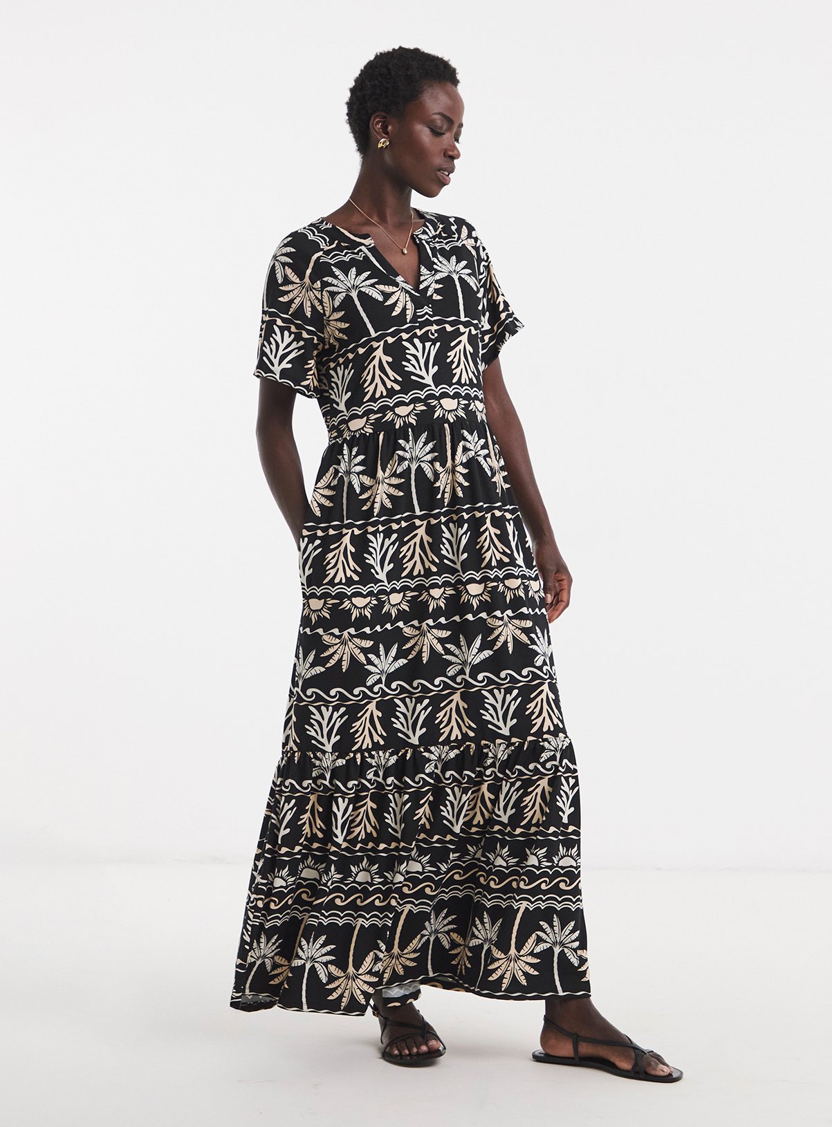 JD WILLIAMS Soft Touch Notch Neck Maxi Dress Black Abstract Print 