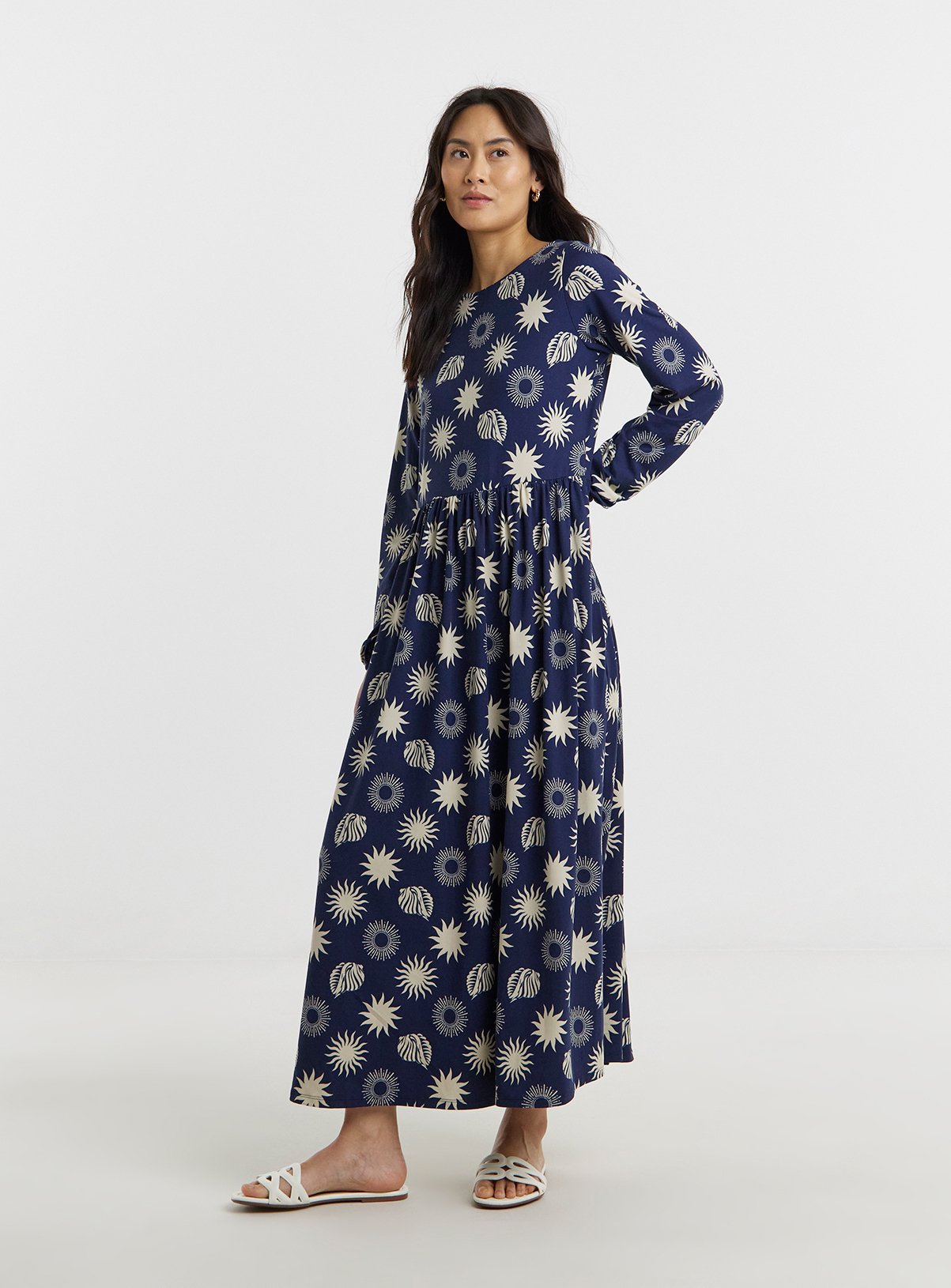 JD WILLIAMS Soft Touch Full Sleeve Smock Dress Navy Shell Print 