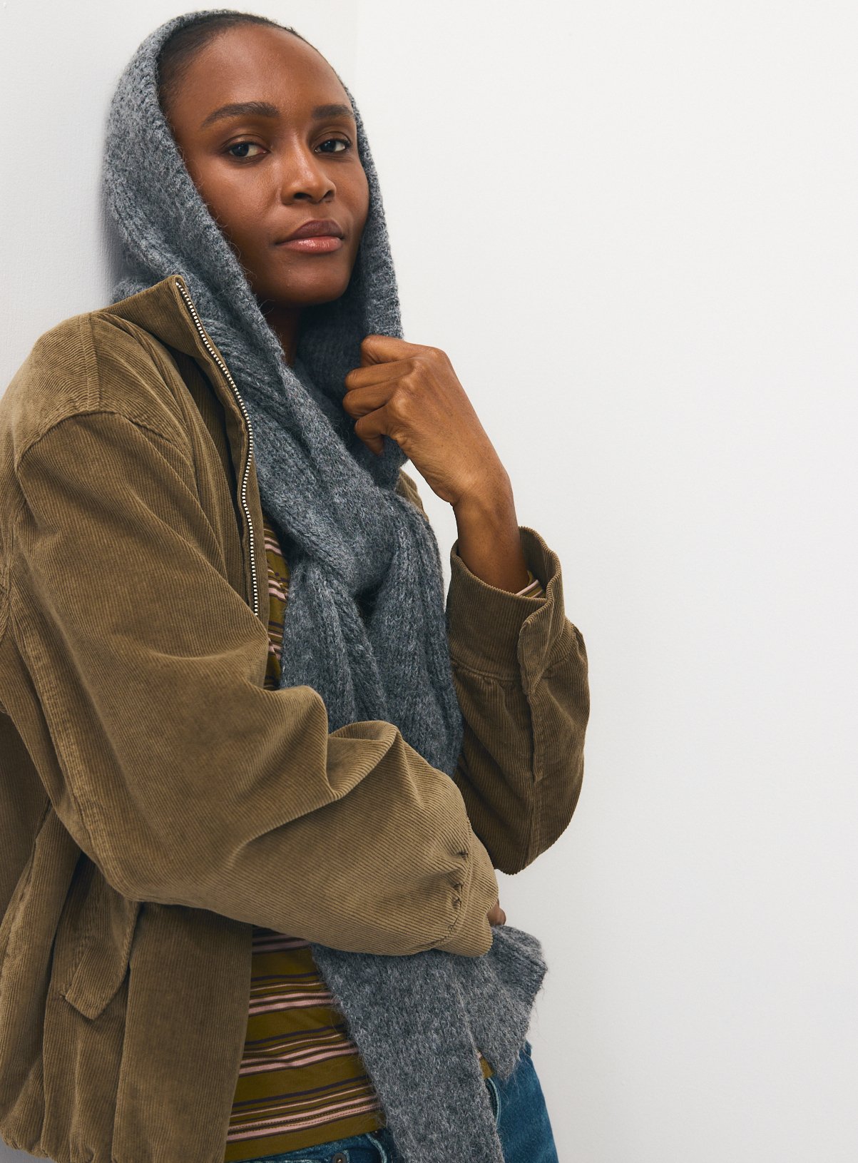 Grey Knitted Hooded Scarf One Size