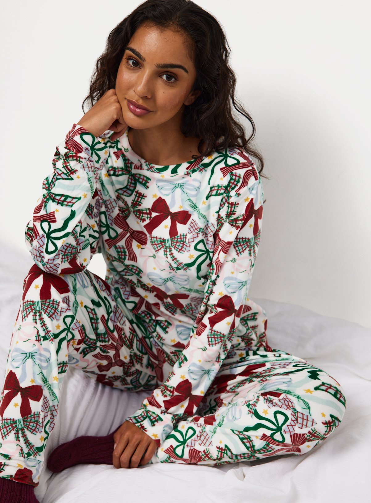Cream Festive Bow Slinky Pyjamas 