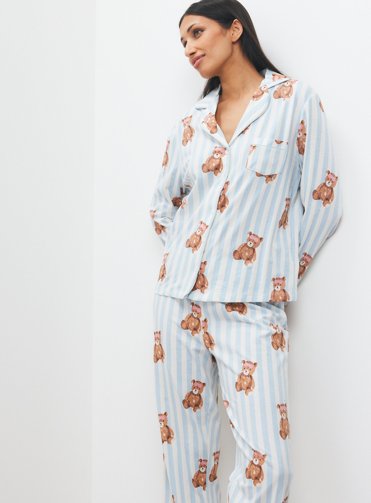 Christmas Blue and White Stripe Teddy Bear Print Traditional Pyjamas 