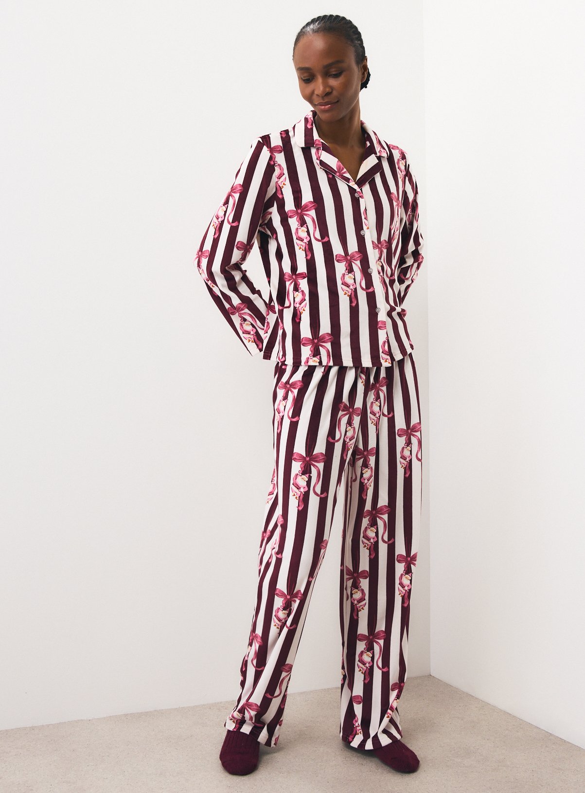 Burgundy Stripe Santa Bow Traditional Slinky Pyjamas 