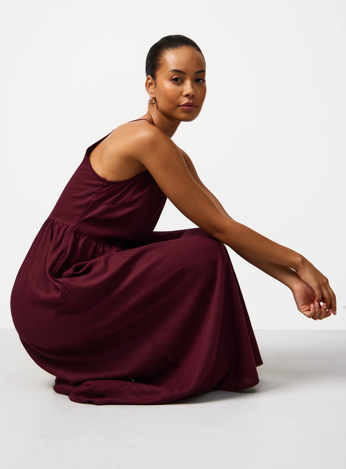Red Linen Blend Linen Waisted Dress 12