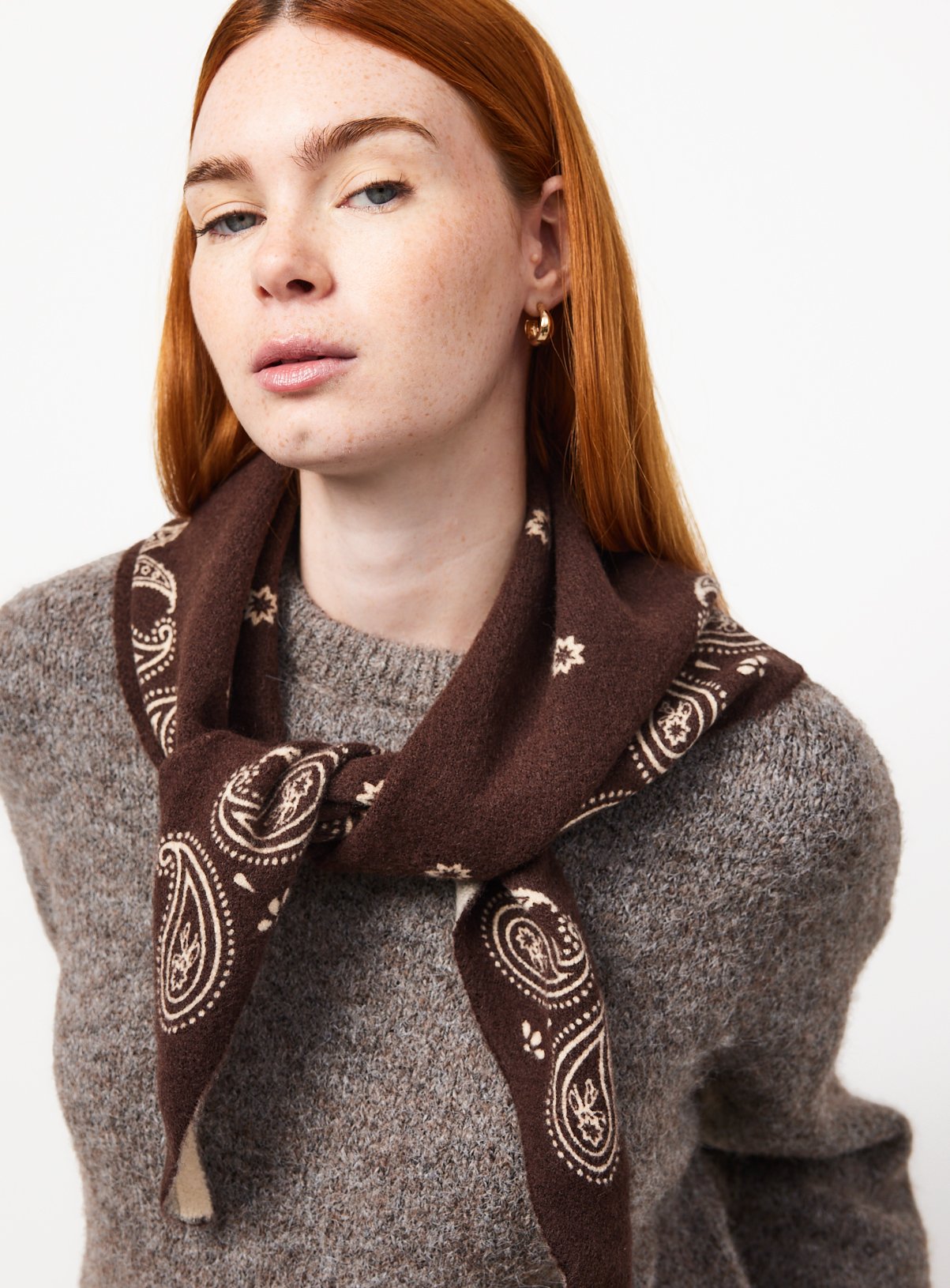Brown Knitted Paisley Triangle Scarf One Size