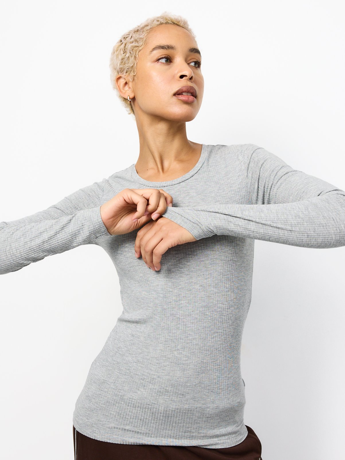 Grey Thermal Ribbed Long Sleeve Top 