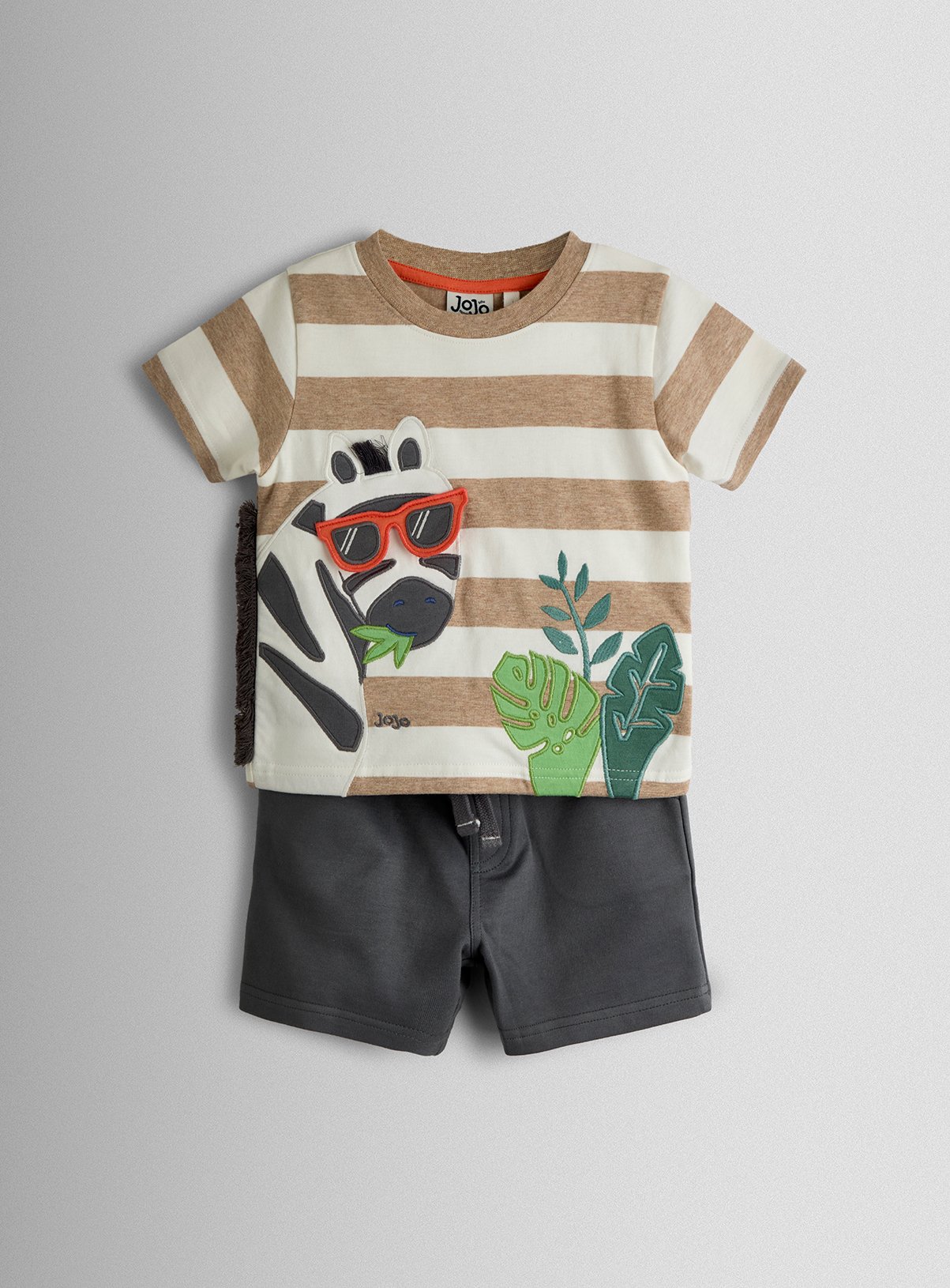 JOJO MAMAN BÉBÉ 2 Piece Zebra Applique T Shirt & Shorts Set Grey.