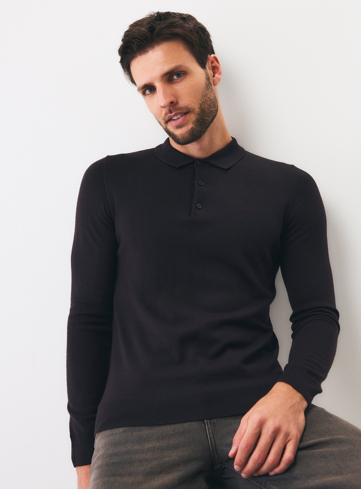 Brown Merino Wool Long Sleeve Polo Shirt 