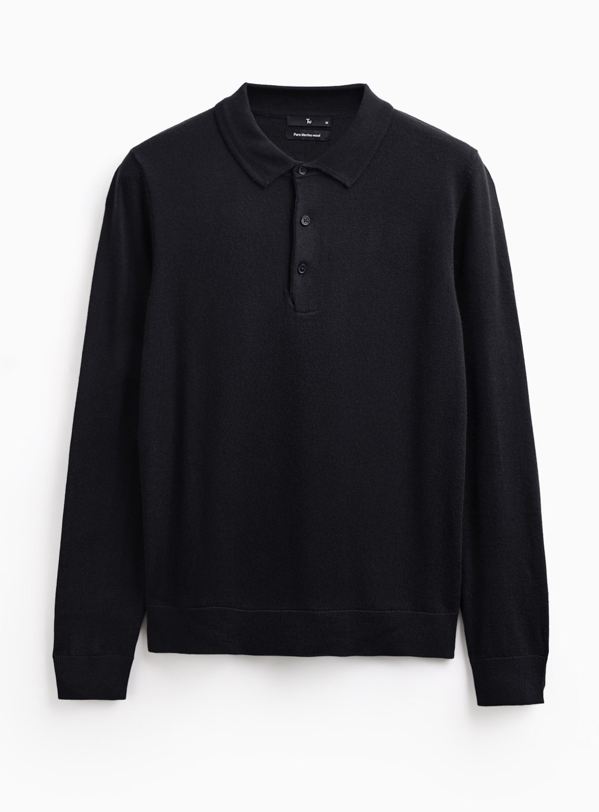 Black Merino Wool Long Sleeve Polo Shirt 