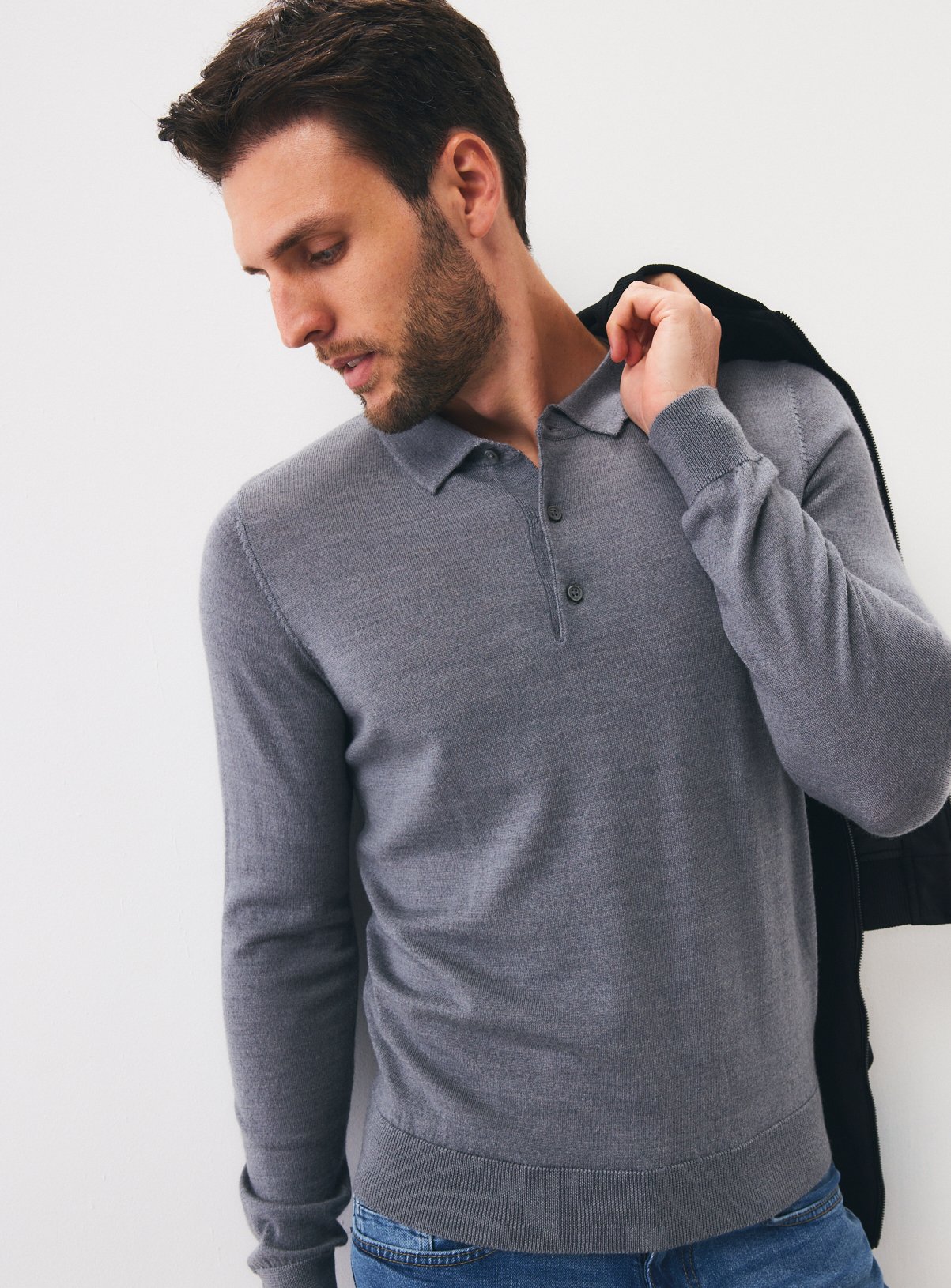 Grey Merino Wool Long Sleeve Polo Shirt 