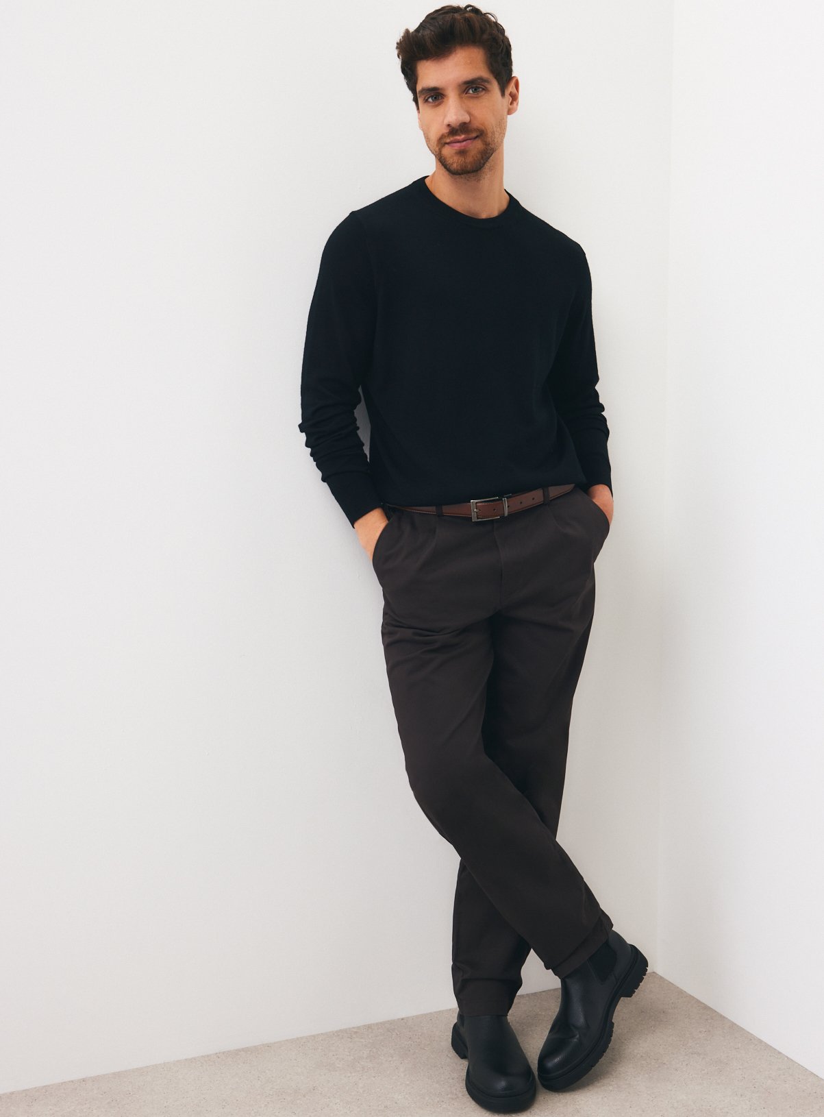 Black Merino Crew Neck Jumper 
