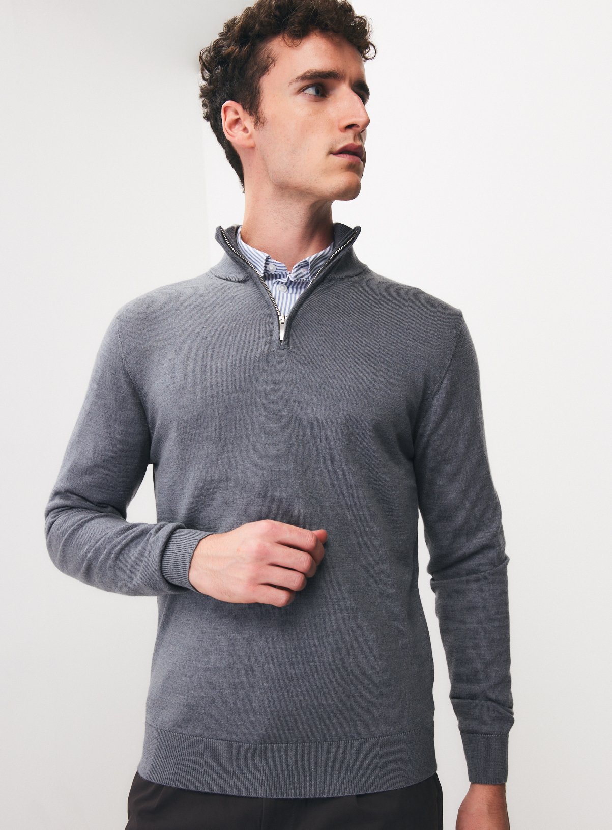 Grey Merino Wool Half-Zip Jumper 