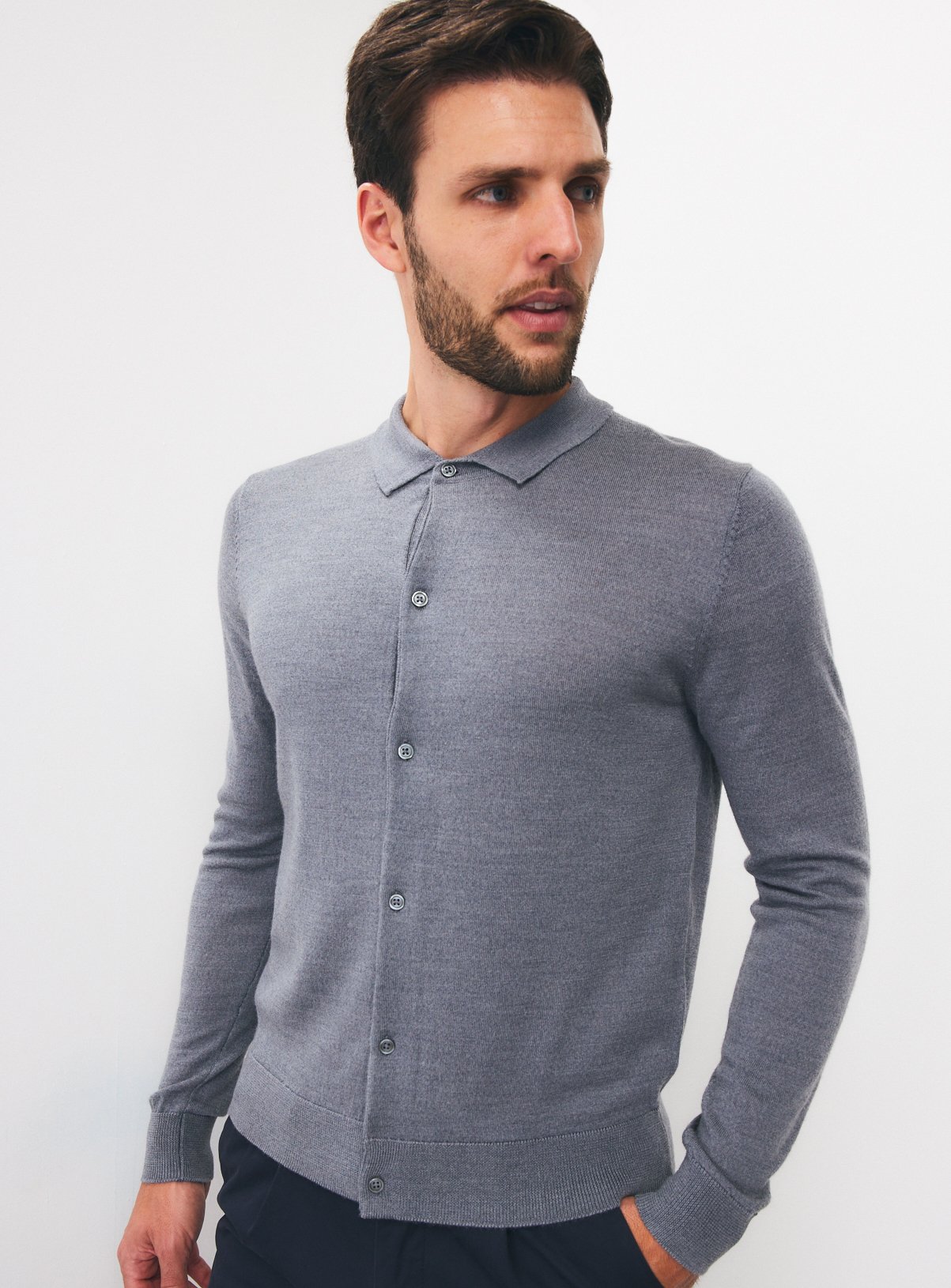 Grey Merino Wool Polo Collar Cardigan 
