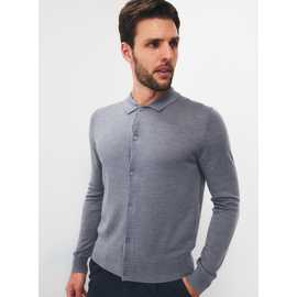 Grey Merino Wool Polo Collar Cardigan