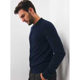 Navy Merino Wool Polo Collar Cardigan