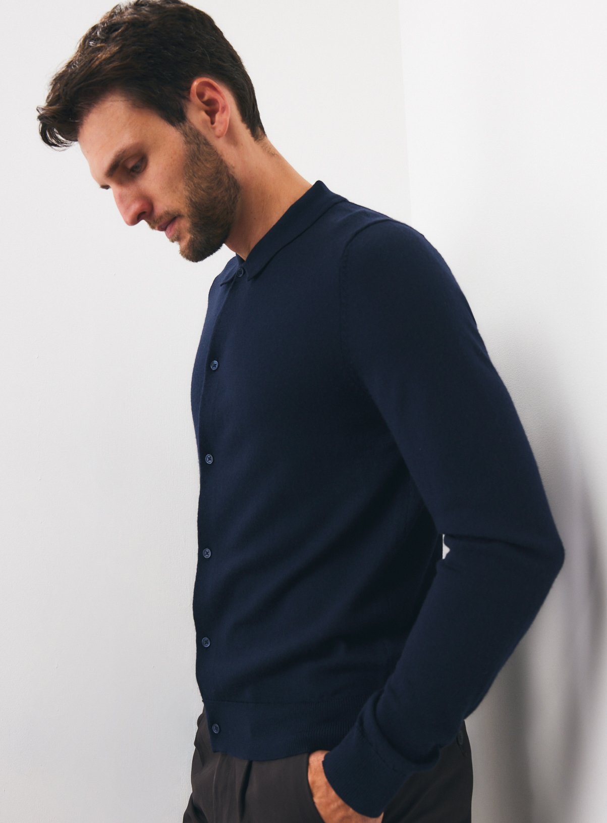 Navy Merino Wool Polo Collar Cardigan 