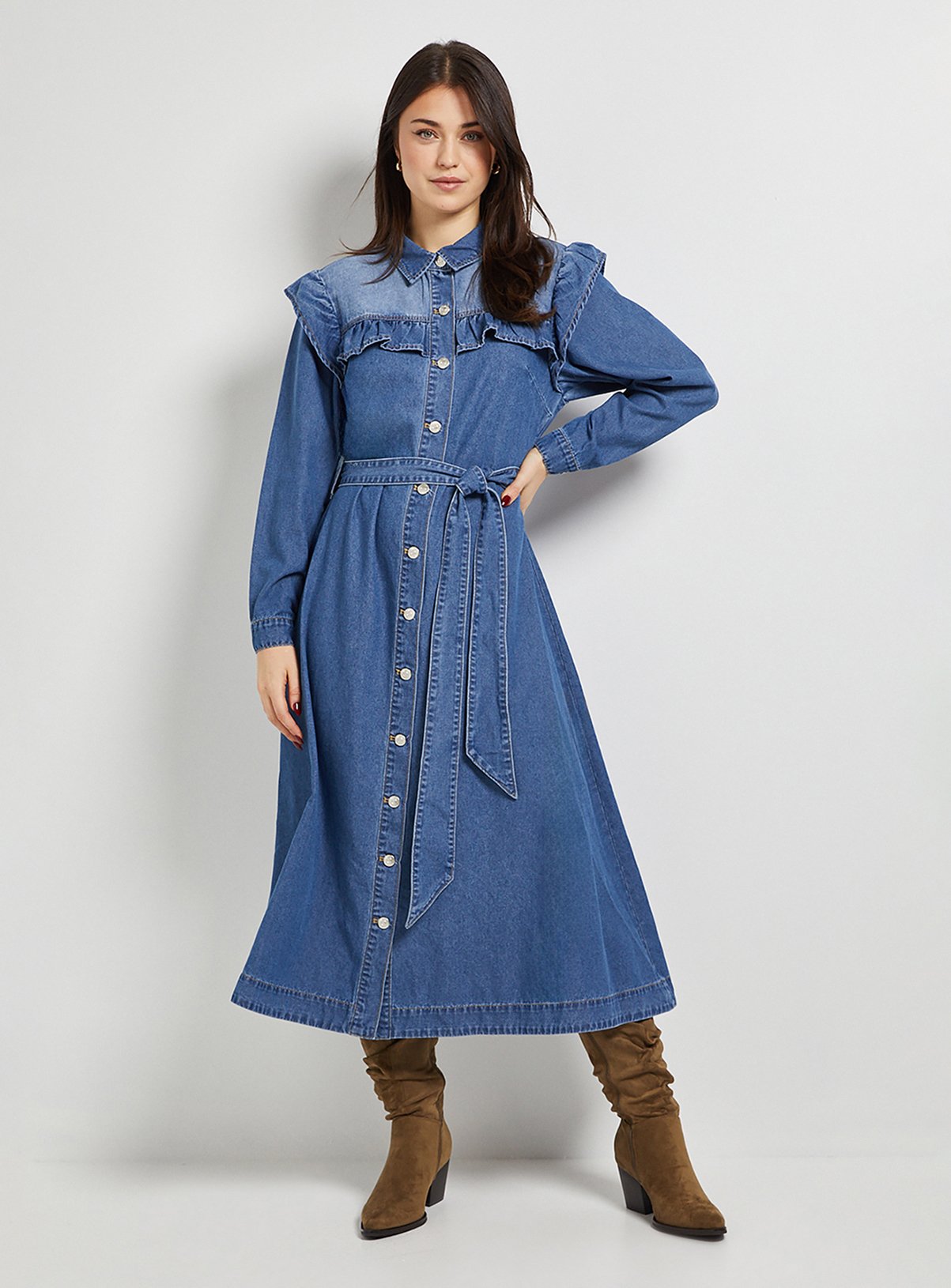 DOROTHY PERKINS Frill Yoke Denim Dress 