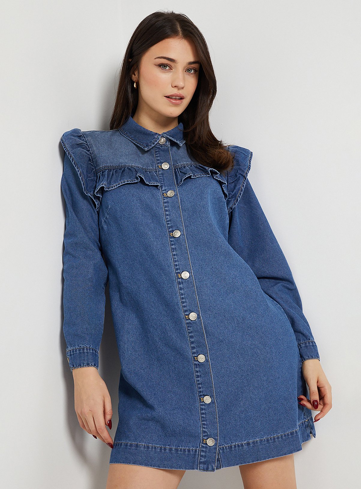 DOROTHY PERKINS Frill Yoke Denim Mini Dress 12