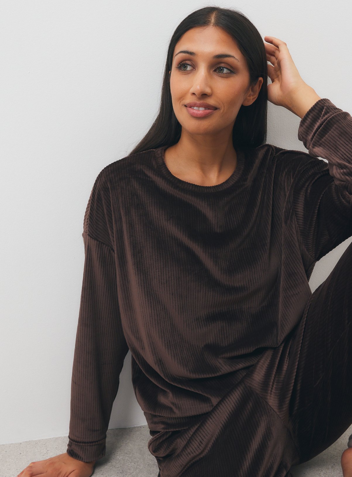 Neutral Ribbed Velvet Long Sleeve Top 